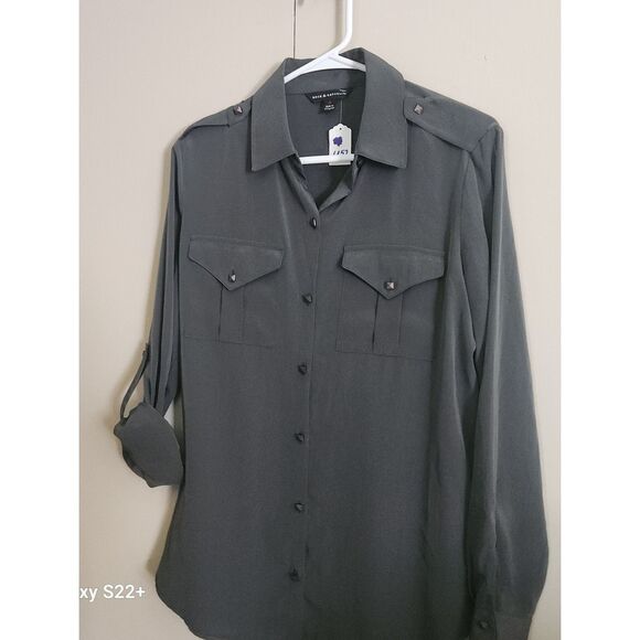 Rock & Republic Tops - U52 Rock & Republic shirt Olive Green w square metal buttons & roll tab sleeves